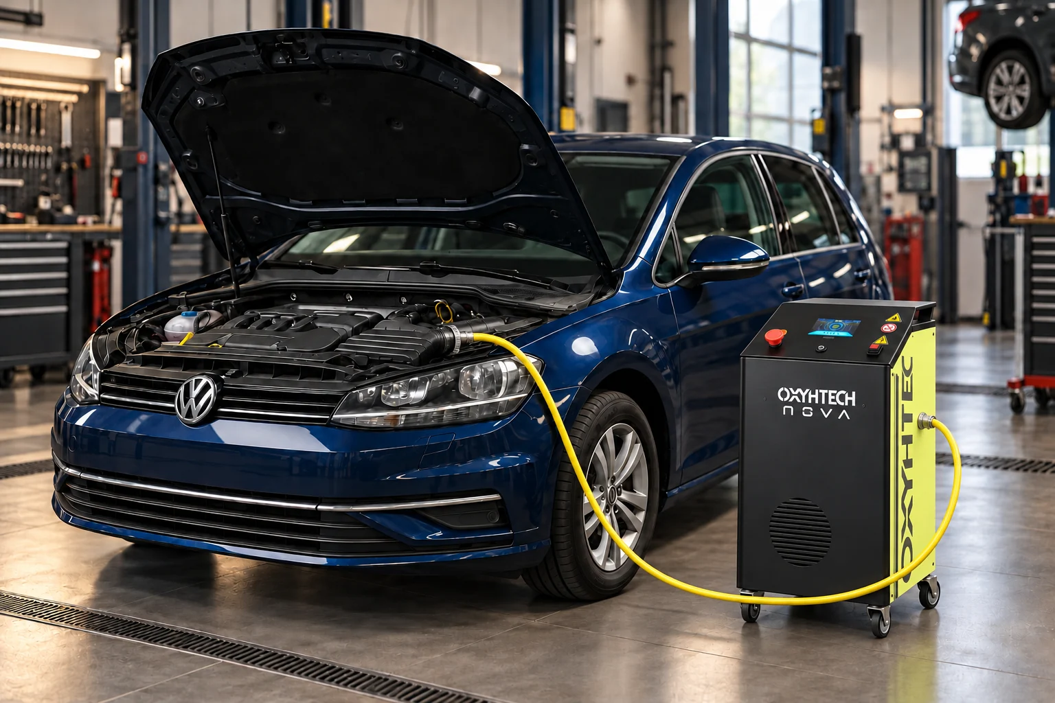 Oxyhtech Nova mit seitlichem Schlauchanschluss am Luftfilter eines Volkswagen