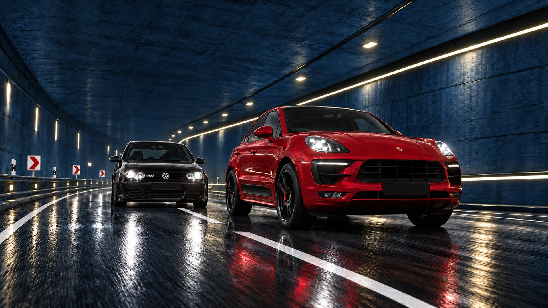 Roter Porsche Macan und schwarzer VW Golf R32 mit neutralen Kennzeichentafeln in einem dunkelblauen Tunnel mit weißen Fahrbahnmarkierungen
